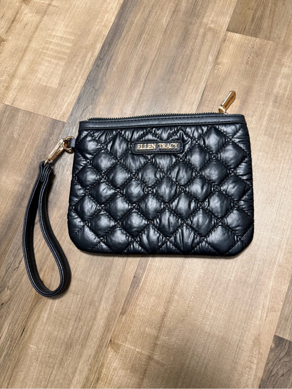 Ellen Tracy Quilted Black Gold-Accent Wristlet